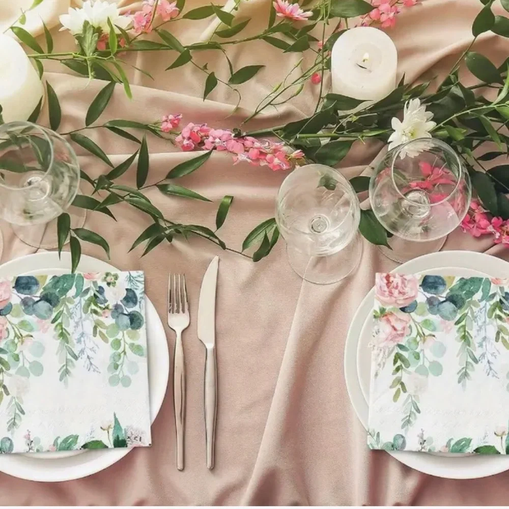 Pink Roses with Eucalyptus Luncheon Paper Napkins, 20ct